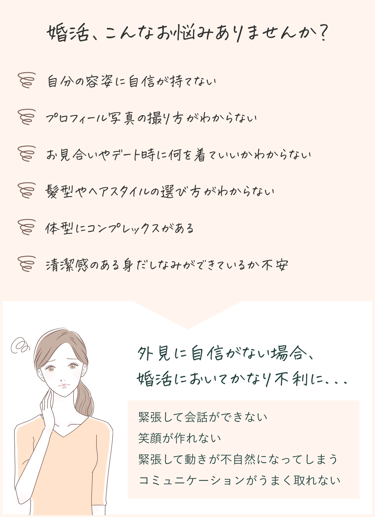 婚活でこんなお悩みはありませんか？外見に自信がない場合、婚活においてかなり不利になります。