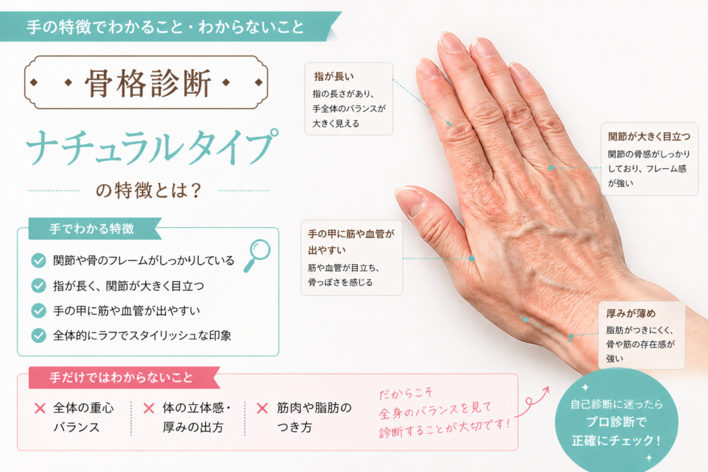 骨格診断ナチュラルタイプの手の特徴を解説した図。指が長く関節が大きく目立ち、骨感が強い手の例。