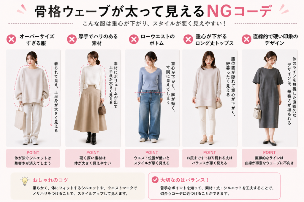 骨格ウェーブが太って見えるNGコーデ例｜オーバーサイズ・厚手素材・ロング丈トップスなどの失敗例