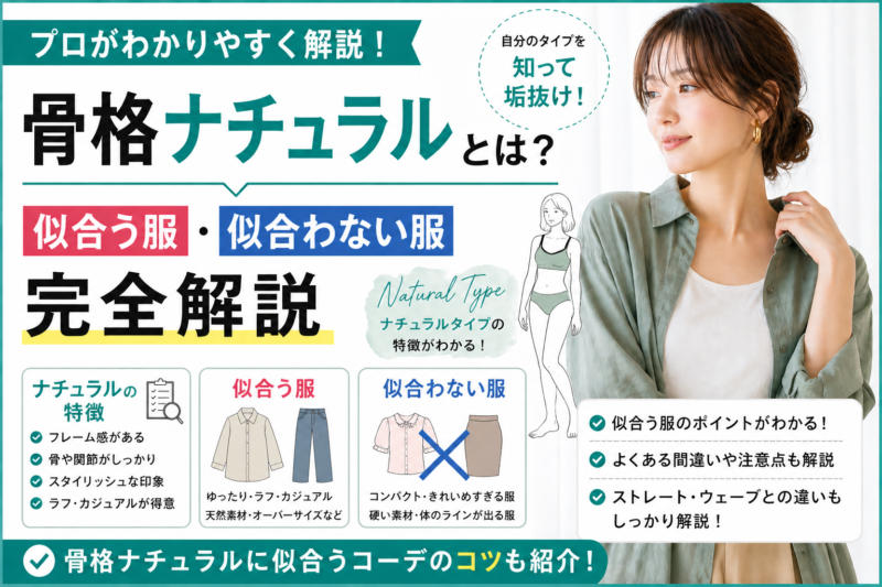 骨格ナチュラルとは何かを解説するアイキャッチ画像。似合う服・似合わない服、特徴、着こなしのコツが一目でわかるデザイン