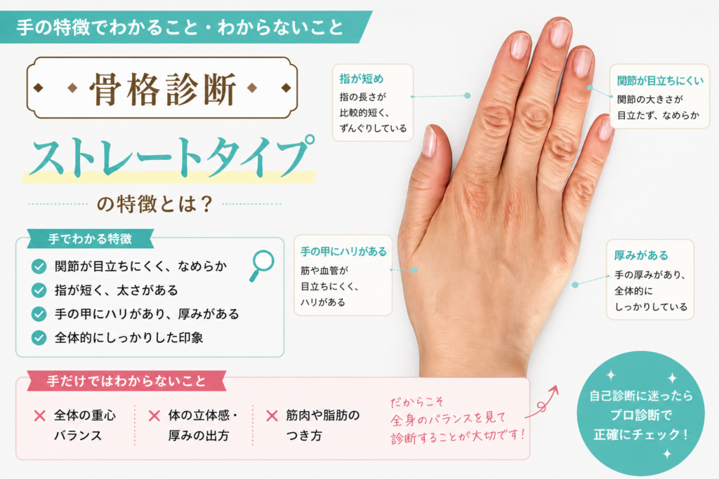 骨格診断ストレートタイプの手の特徴を解説した図。指が短めで太く、関節が目立たず手の甲に厚みがある手の例。