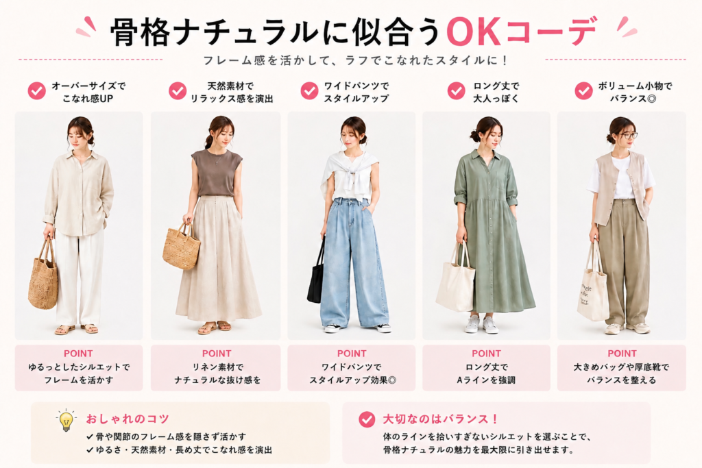 骨格ナチュラルに似合うOKコーデ例。オーバーサイズ、天然素材、ワイドパンツ、ロング丈、ボリューム小物でバランス良くスタイルアップする着こなし解説画像