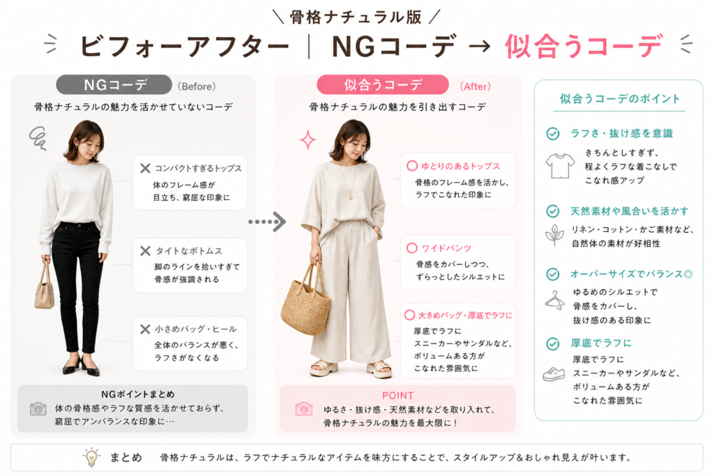 骨格ナチュラルのビフォーアフター比較。NGコーデから似合うコーデに変えることで垢抜けてスタイルアップする変化を解説した画像