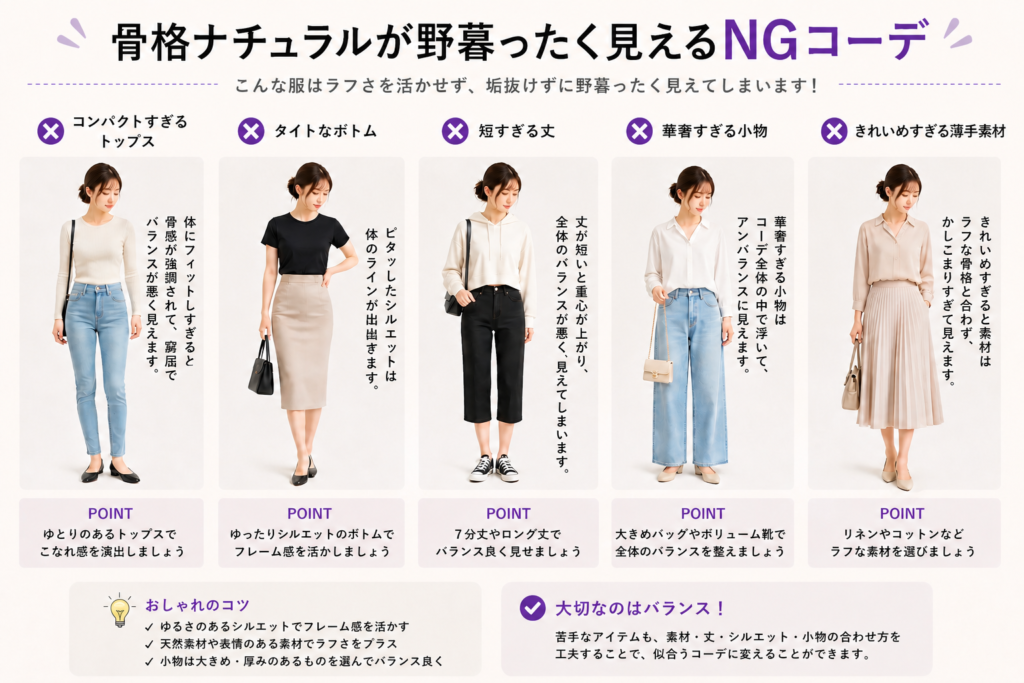 骨格ナチュラルが野暮ったく見えるNGコーデ例。コンパクトトップス、タイトボトム、短丈、華奢小物、きれいめ素材が似合わない理由と改善ポイント解説