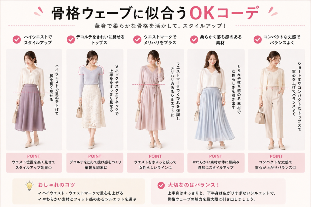 骨格ウェーブに似合うコーデ例｜ハイウエスト・コンパクトトップス・柔らかい素材でスタイルアップ
