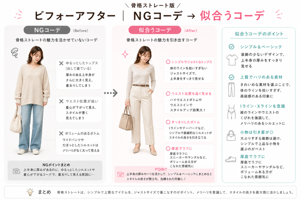 骨格ストレートのNGコーデと似合うコーデの比較画像。ゆるい服からジャストサイズ・Iラインへ変えることでスタイルアップする例