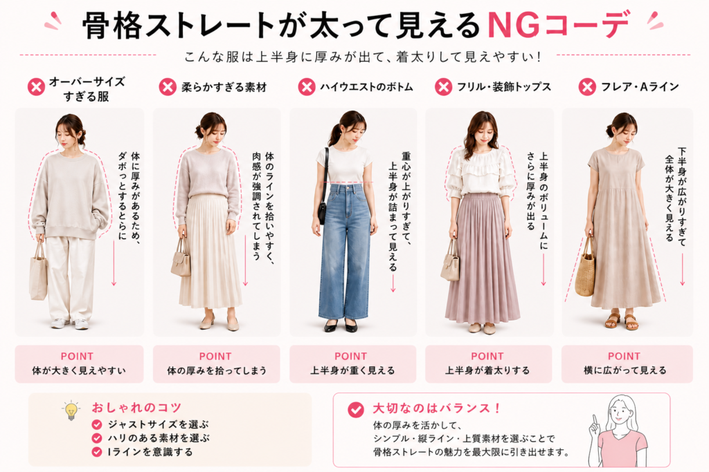 骨格ストレートが着太りして見えるNGコーデ例。オーバーサイズ・柔らか素材・フリルなど似合わない服の特徴を解説した画像