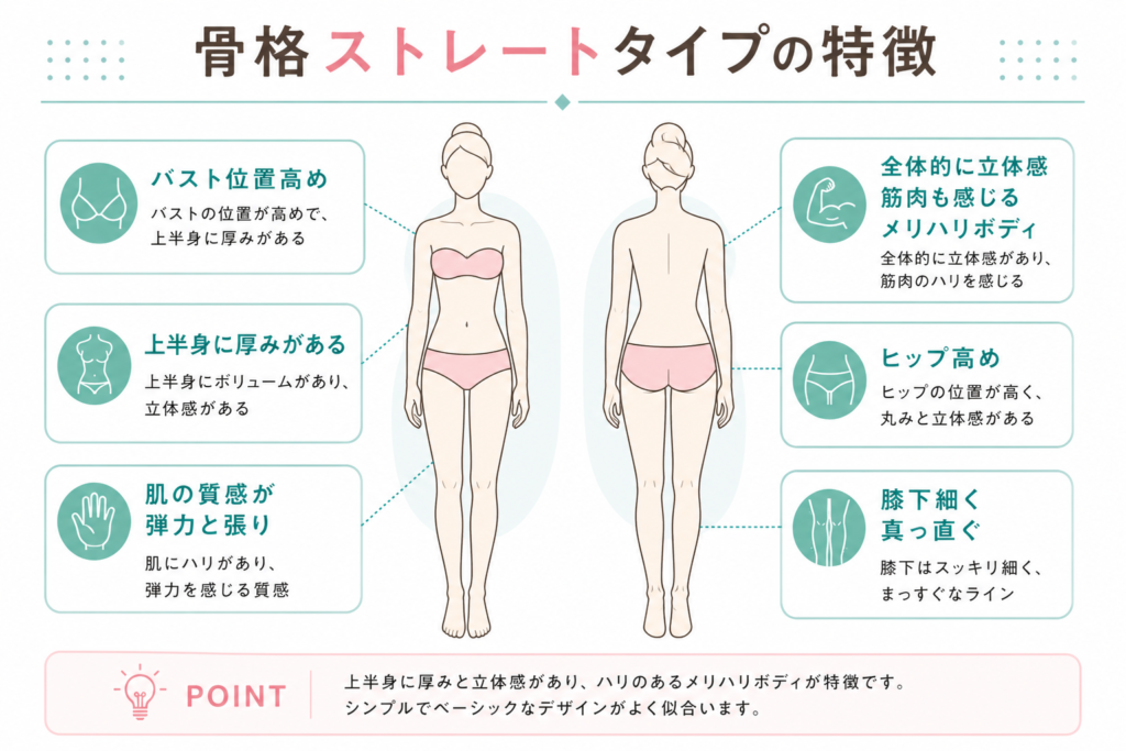 骨格ストレートの体型特徴を解説した図。上半身に厚み・立体感・ハリのある肌質などの特徴をイラスト付きで紹介した画像