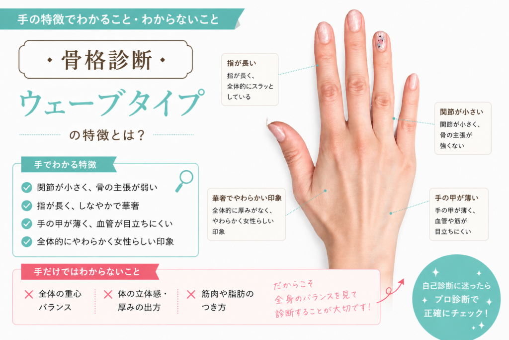 骨格診断ウェーブタイプの手の特徴を解説した図。指が長く細く、関節が小さく全体的に華奢な手の例。