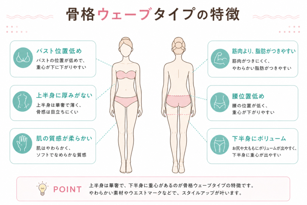 骨格ウェーブタイプの特徴｜上半身が華奢で下重心・柔らかい質感の体型を解説