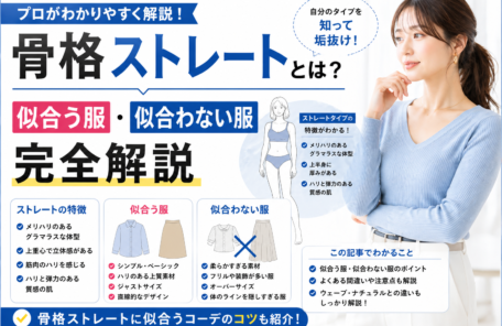 骨格ストレートの特徴や似合う服・似合わない服を解説したサムネイル画像。上半身に厚みがある体型に似合うファッションのポイントを紹介