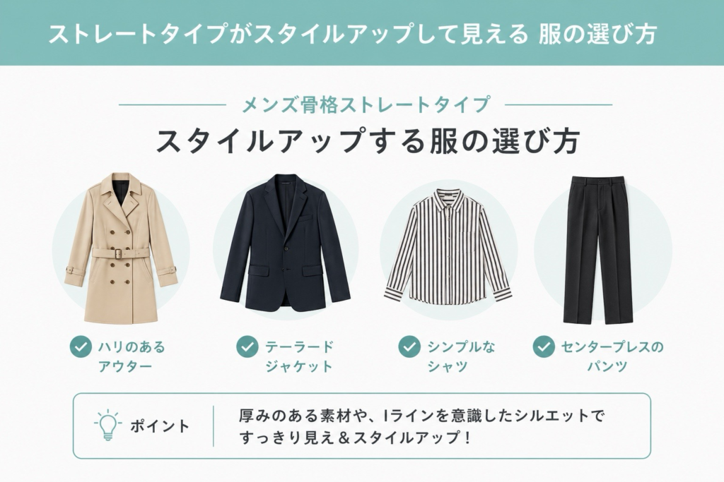 メンズ骨格ストレートに似合う服｜テーラードジャケット・シンプルシャツ・センタープレスパンツ