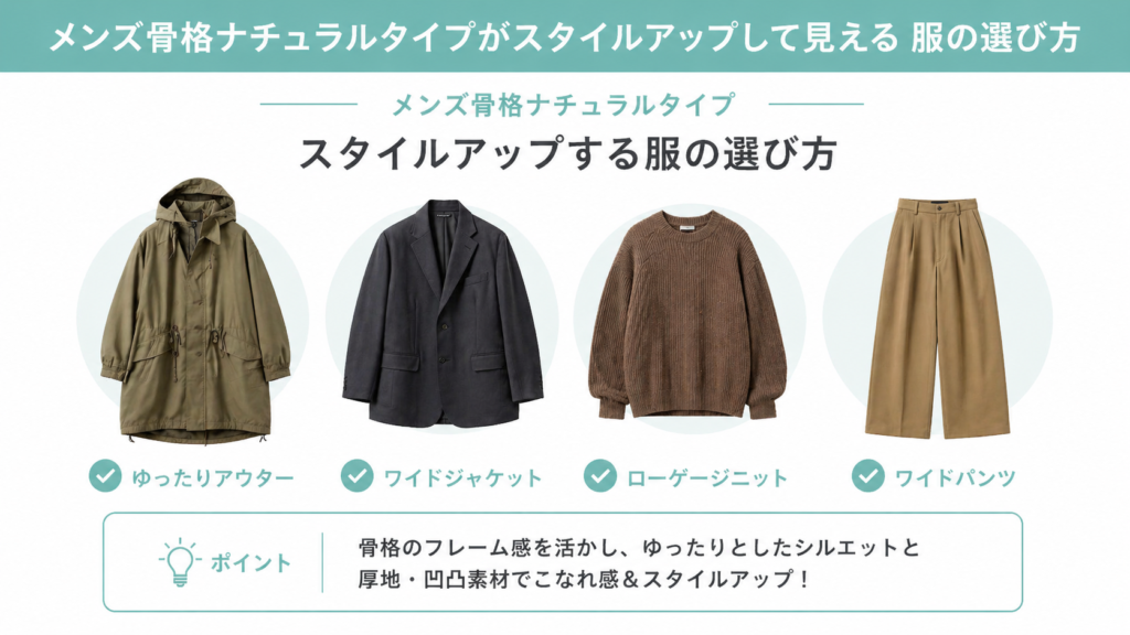 メンズ骨格ナチュラルに似合う服｜ゆったりアウター・ワイドジャケット・ワイドパンツのコーデ例