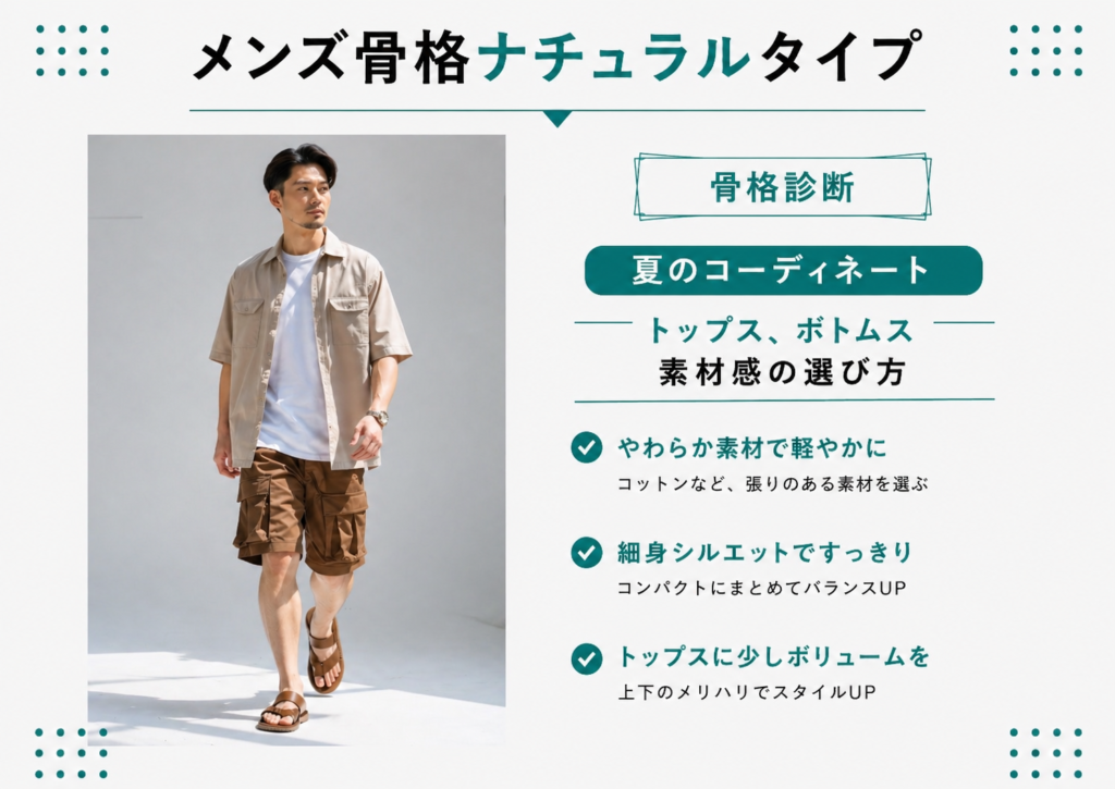メンズ骨格ナチュラルタイプの夏コーデ例。オーバーサイズシャツとカーゴショーツでラフに着こなしたスタイル。自然素材やゆったりシルエットが特徴。