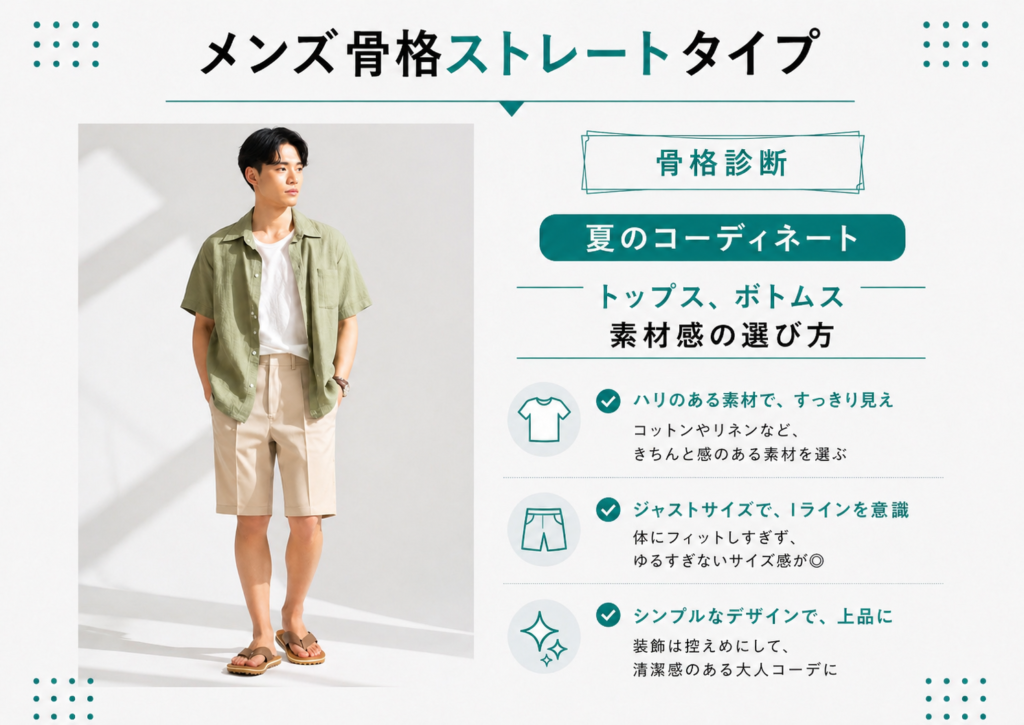 メンズ骨格ストレートタイプの夏コーデ。ハリのあるシャツとジャストサイズのショートパンツでIラインを意識したスタイル。