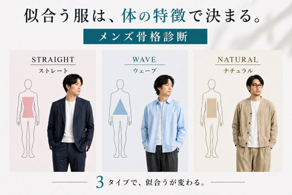 メンズ骨格診断の3タイプ解説。ストレート・ウェーブ・ナチュラルの体型特徴と似合う服の違いを比較した画像