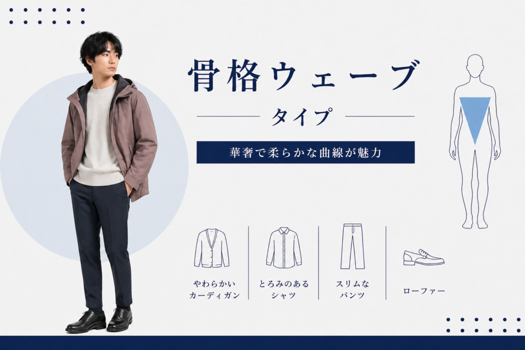 メンズ骨格ウェーブタイプの特徴と似合う服｜やわらか素材とスリムシルエットで華奢に見せるコーデ