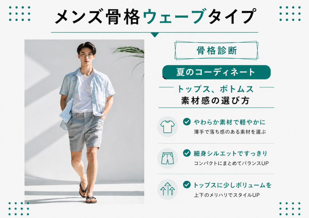 メンズ骨格ウェーブタイプの夏コーデ。軽やかなシャツとコンパクトなショートパンツで細身シルエットを強調した着こなし例。