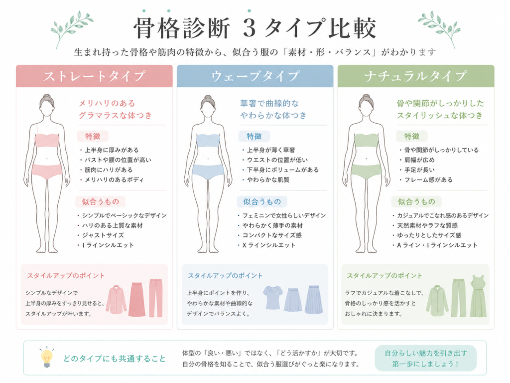 骨格診断のストレート ウェーブ ナチュラルの特徴を比較した一覧 似合う服の違い