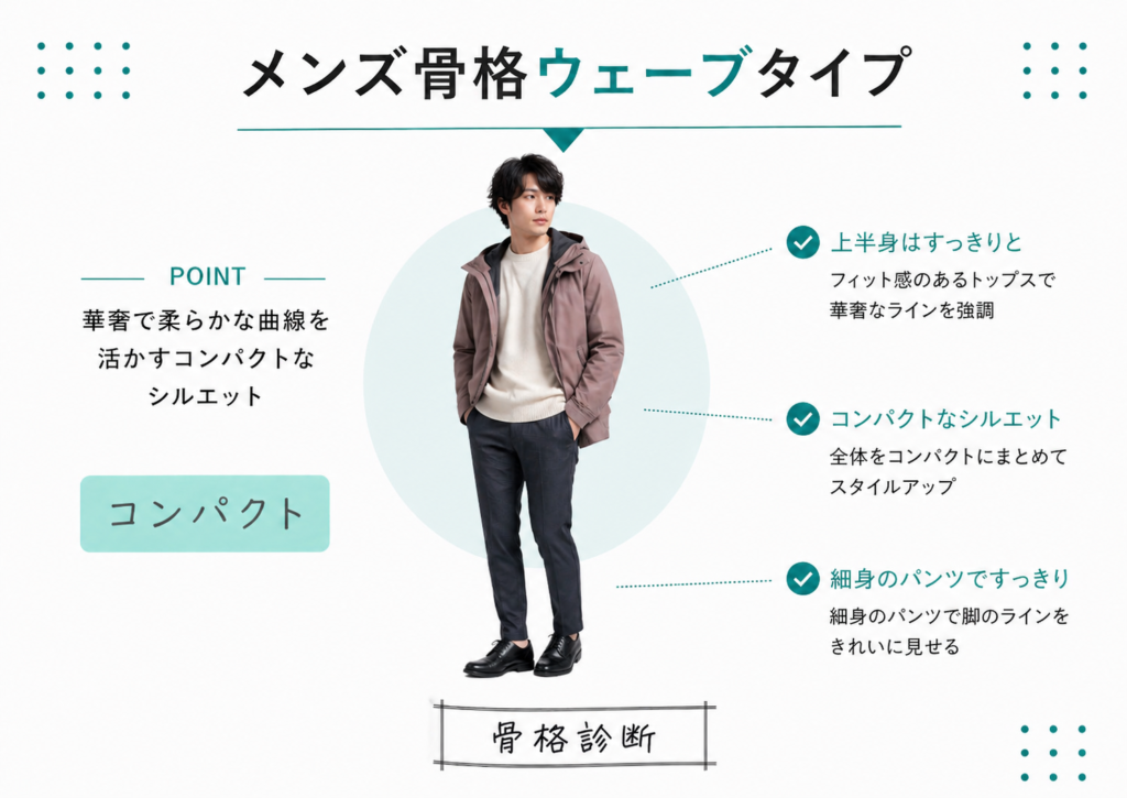 メンズ骨格ウェーブの着こなしポイント｜コンパクトシルエットと細身パンツでスタイルアップ