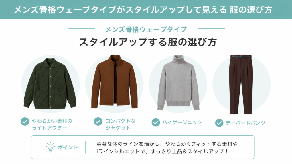 メンズ骨格ウェーブに似合う服｜コンパクトジャケット・ハイゲージニット・テーパードパンツのコーデ例