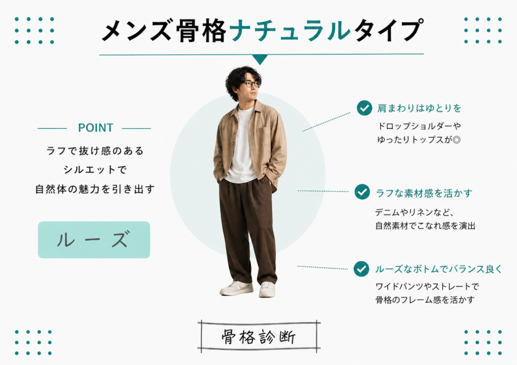 メンズ骨格ナチュラルの着こなしポイント｜ルーズシルエットと自然素材でこなれ感を出すコーデ