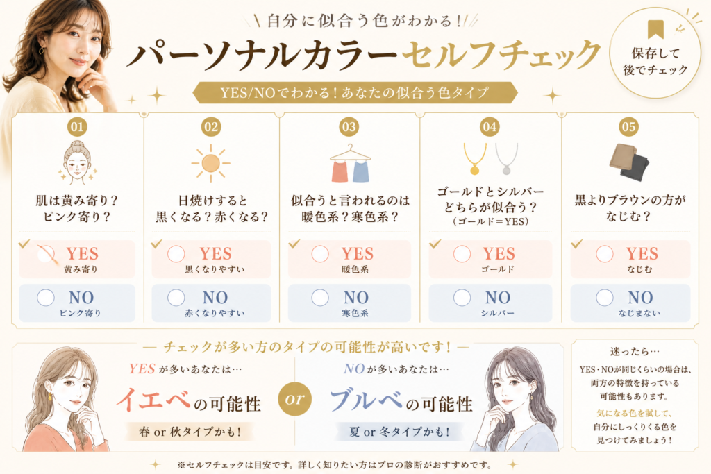 パーソナルカラーセルフチェックYES NO診断｜肌色・日焼け・アクセサリーでイエベブルベを判別