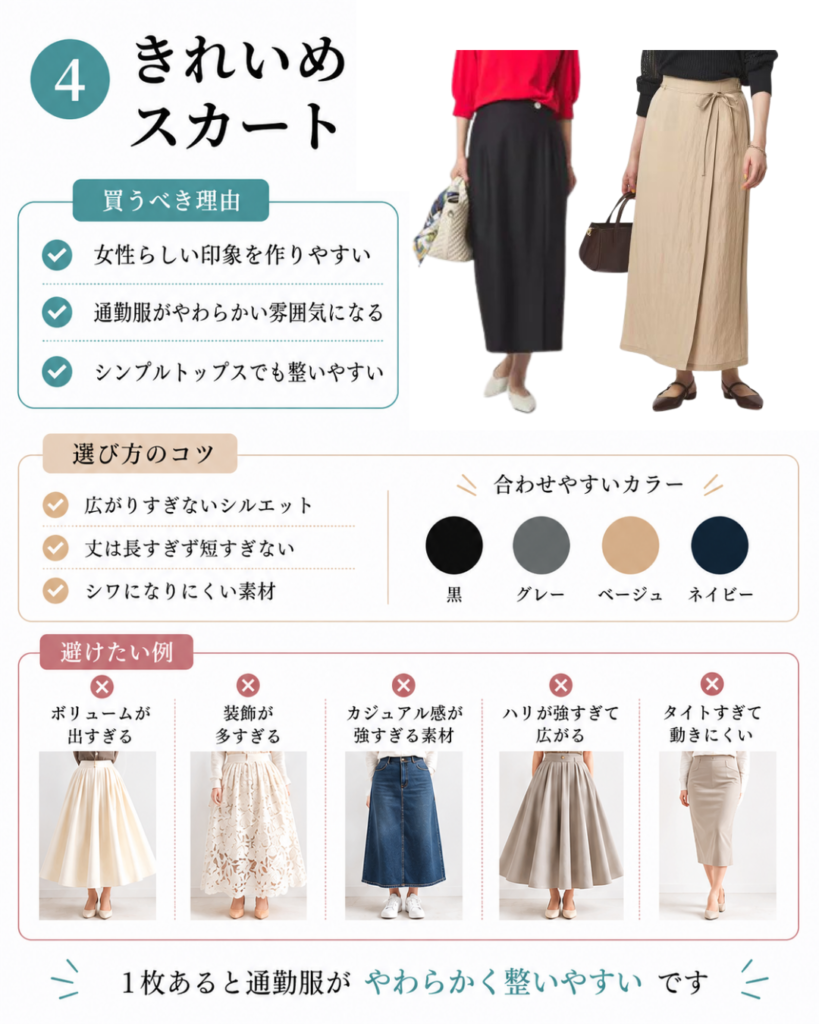 きれいめスカートの買うべき理由、選び方のコツ、避けたい例