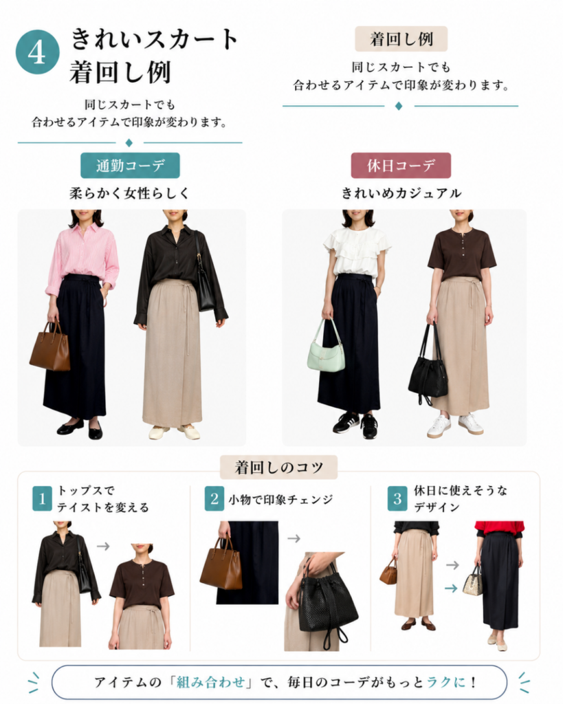 きれいめスカートの着回し例。