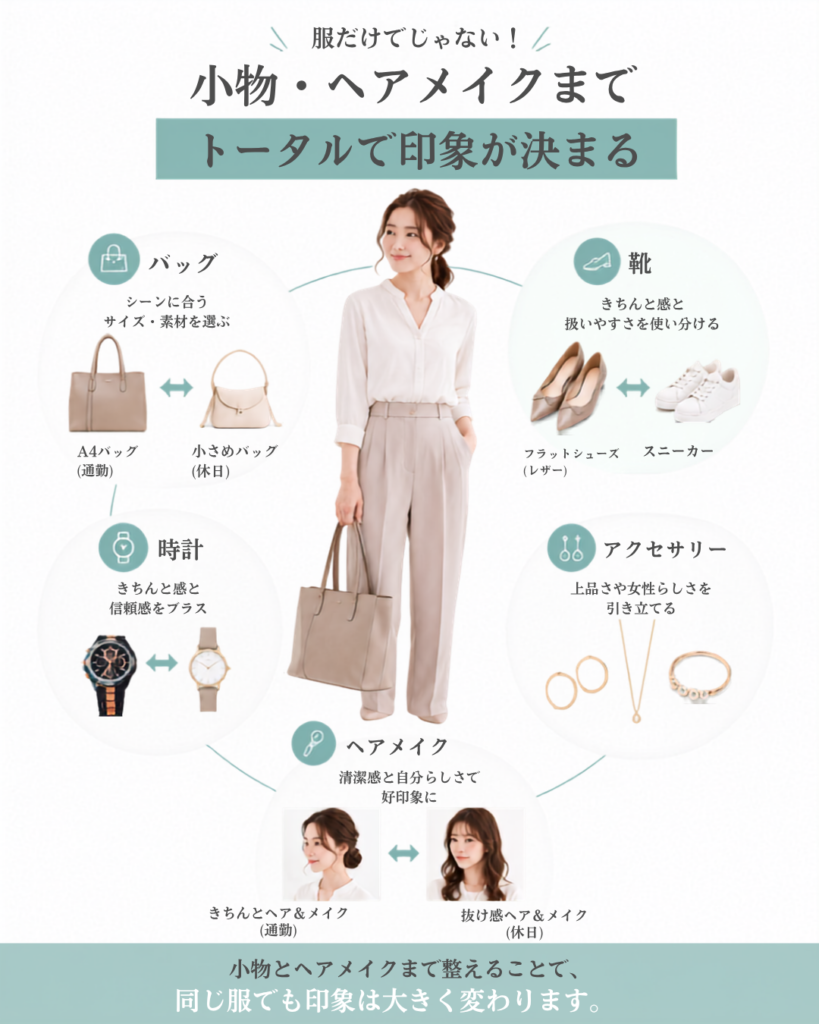 小物やヘアメイクまでトータルで印象が決まる