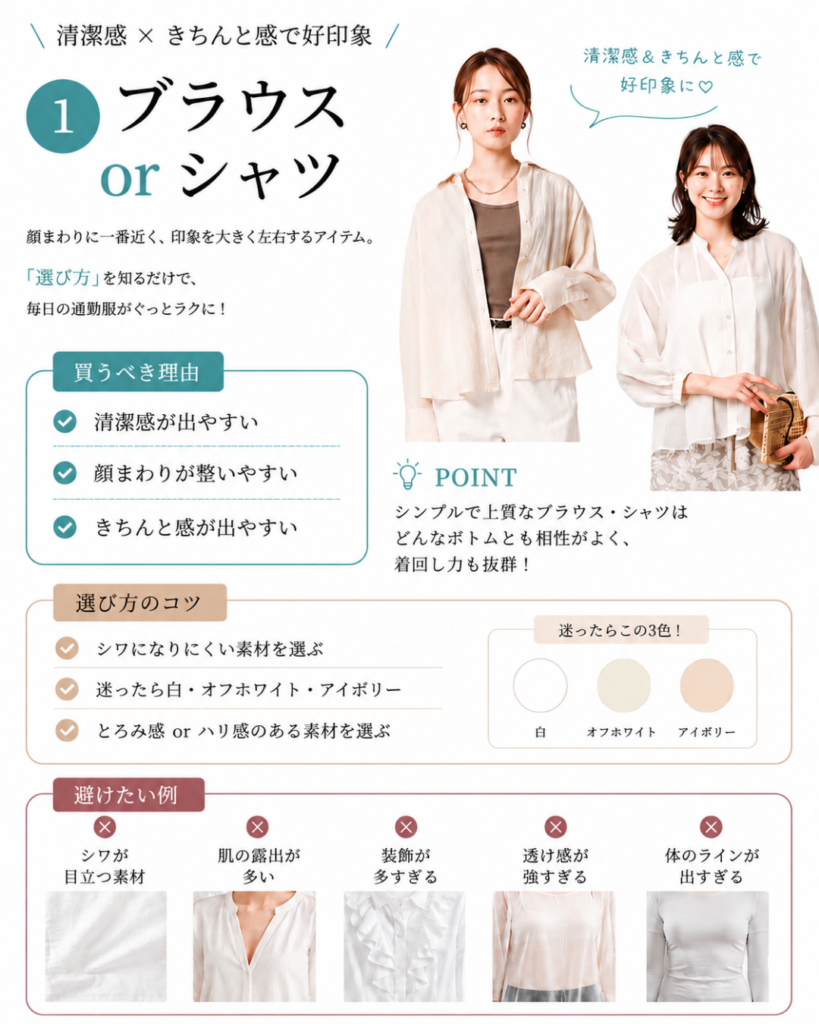 ブラウスorシャツの買うべき理由、選び方のコツ、避けたい例