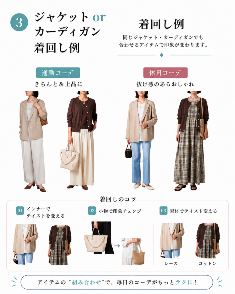 ジャケットorカーディガンの着回し例