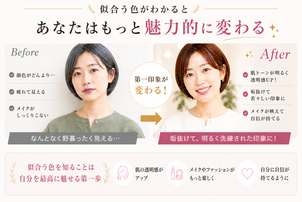 パーソナルカラー診断ビフォーアフター｜似合う色で肌トーンアップし第一印象が変わる比較