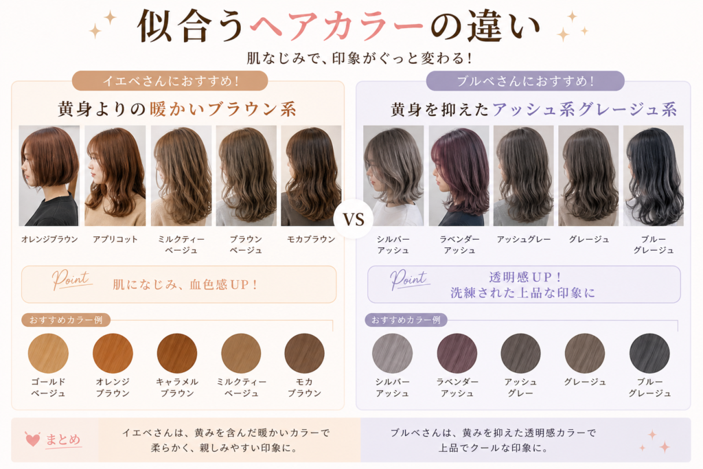 パーソナルカラー別ヘアカラー比較｜イエベは暖色ブラウン・ブルベはアッシュグレージュ