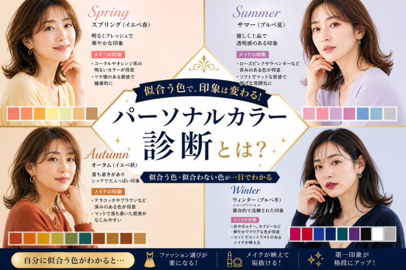 パーソナルカラー診断の春夏秋冬4タイプ比較｜イエベ春・ブルベ夏・イエベ秋・ブルベ冬の特徴と似合う色