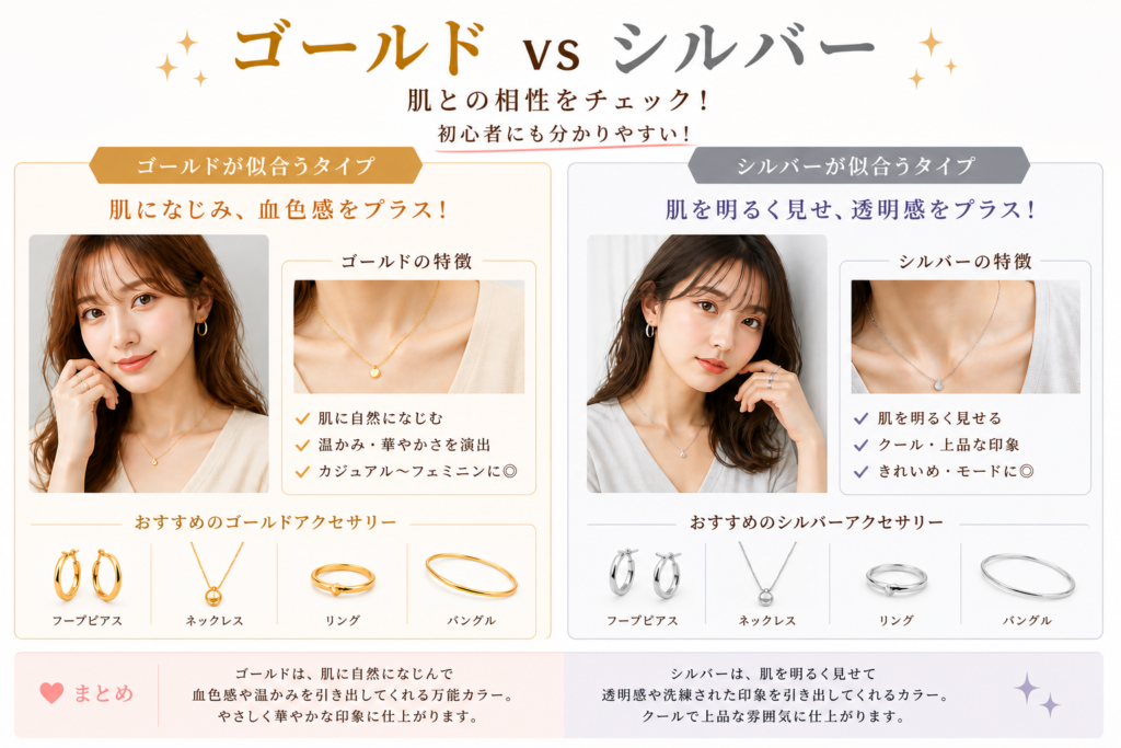 ゴールドとシルバーの似合う違い｜肌なじみ・透明感の変化を比較