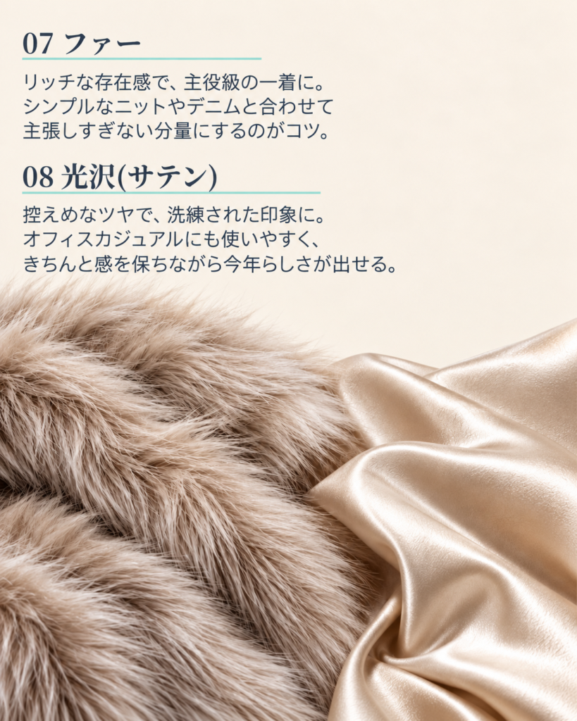 ファーと光沢サテンの特徴